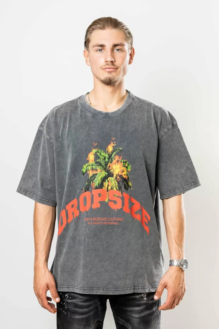 Shop Dropsize Burning Palm Design Heavy T-Shirt Acid Washed Black