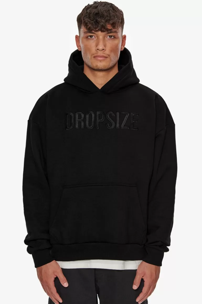 Best Sale Dropsize Heavy Oversize Flat Front Embo Hoodie Black