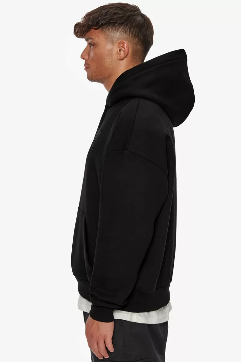 Best Sale Dropsize Heavy Oversize Flat Front Embo Hoodie Black