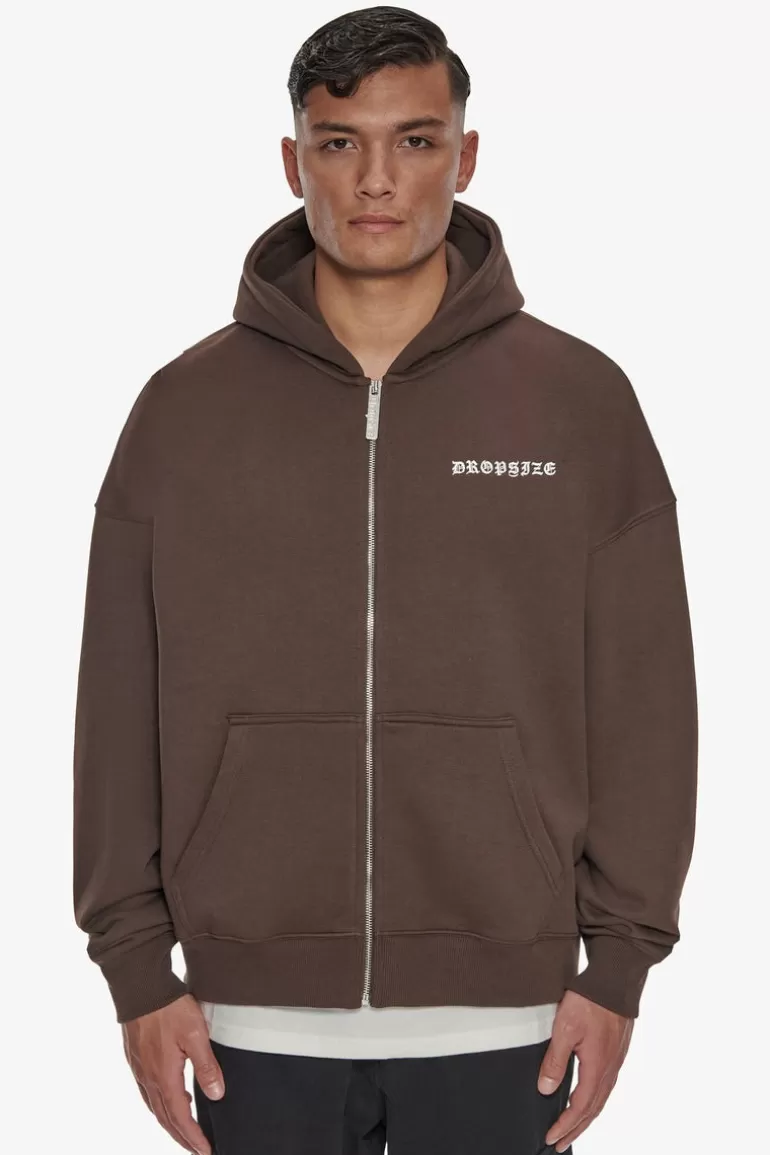 Clearance Dropsize Heavy Oversize Logo Zip Hoodie Chocolate