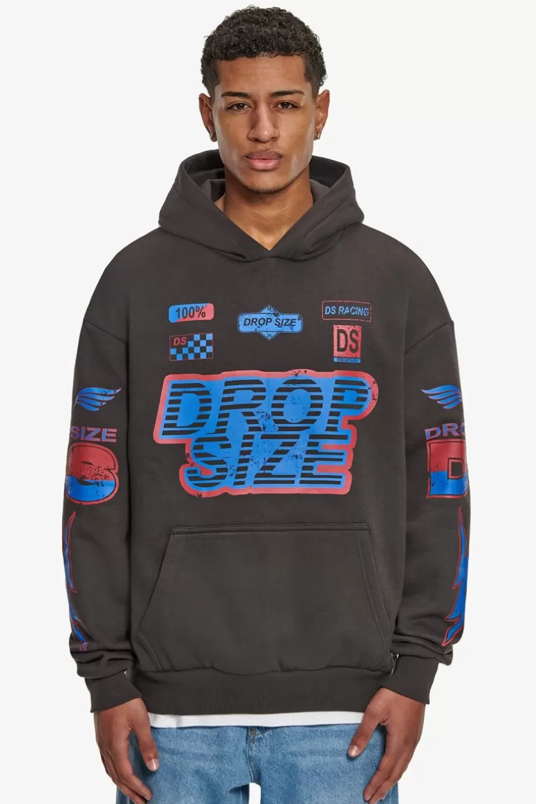 Online Dropsize Heavy Oversize Racing Hoodie Washed Black