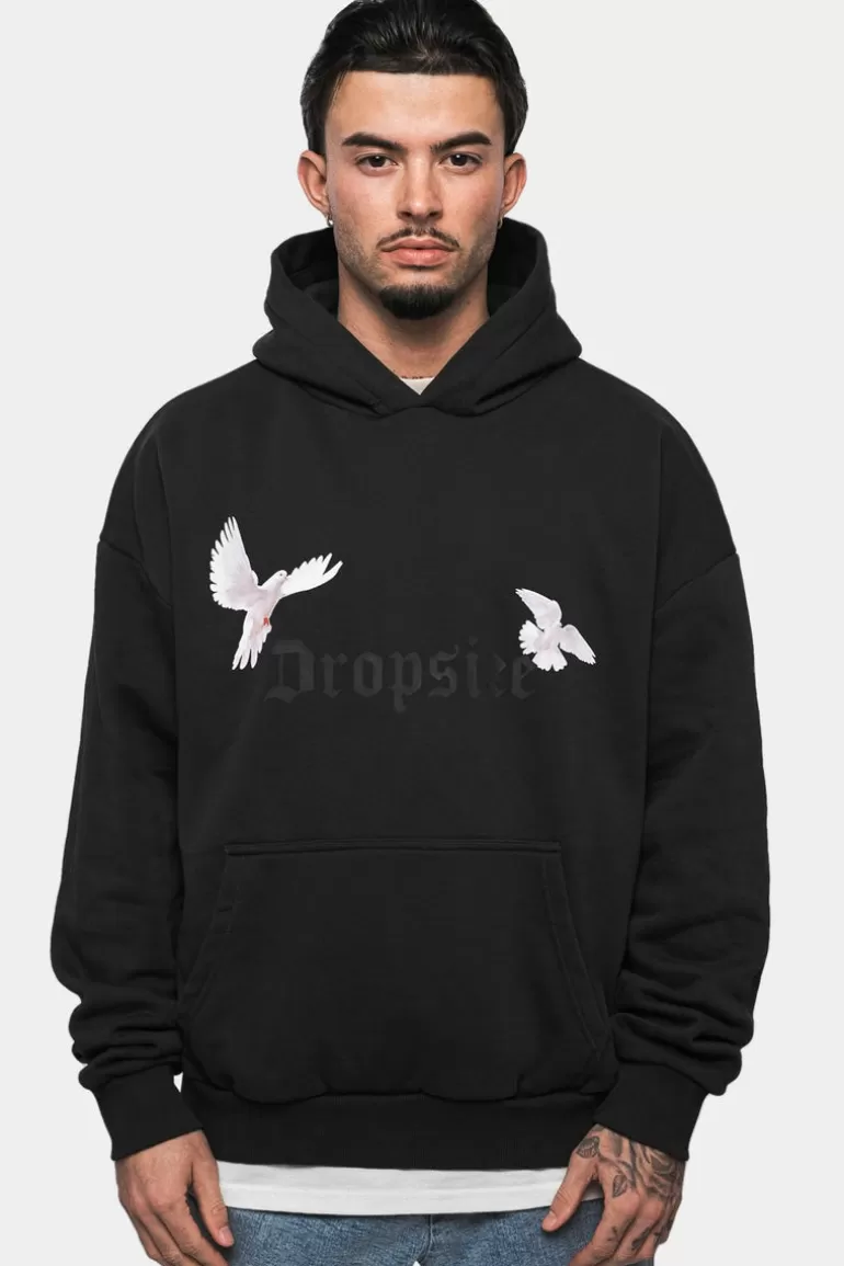 Clearance Dropsize Heavy Oversize White Doves Hoodie Washed Black