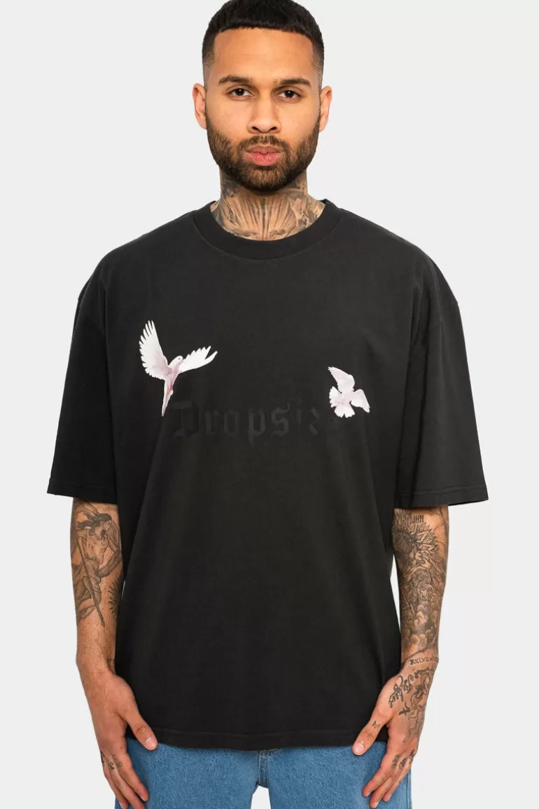 Best Dropsize Heavy Oversize White Doves T-Shirt Washed Black