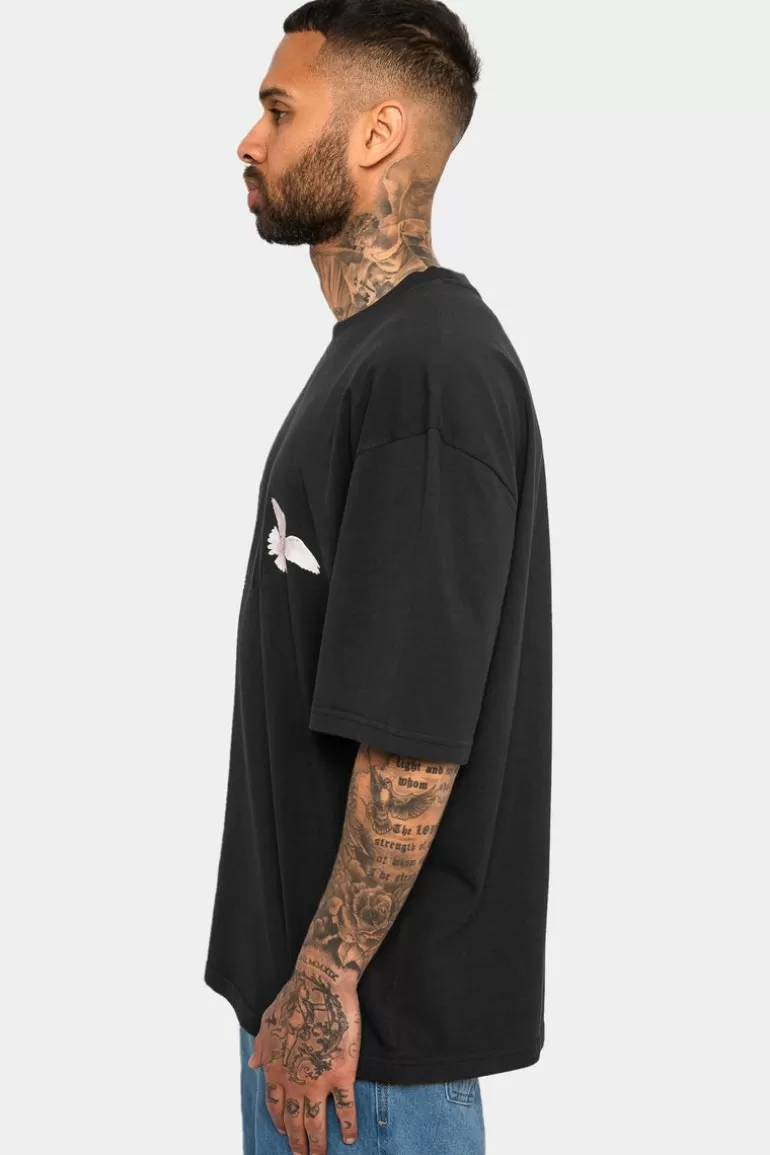 Best Dropsize Heavy Oversize White Doves T-Shirt Washed Black